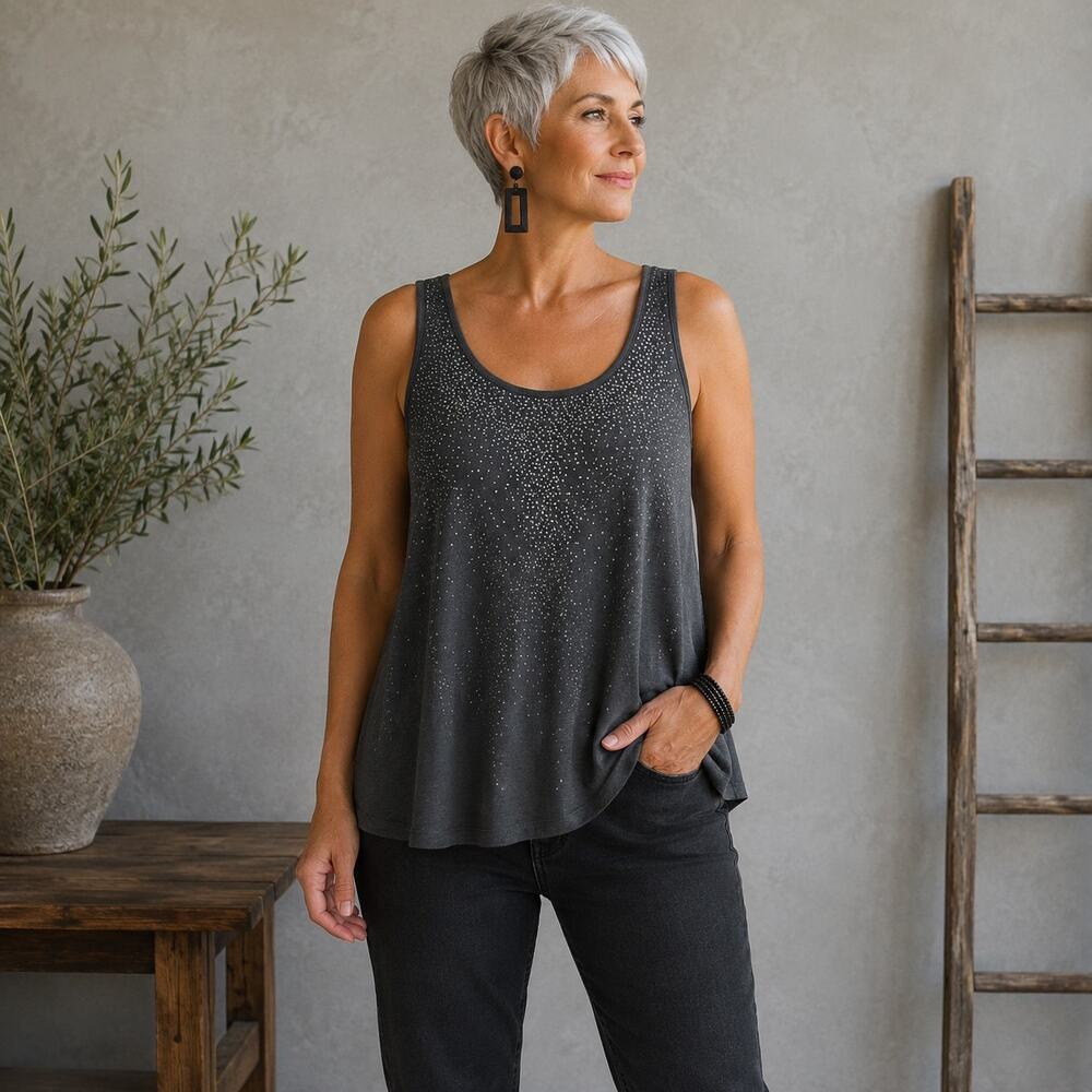 Eileen Fisher Gray Black Beaded Tank Top Small